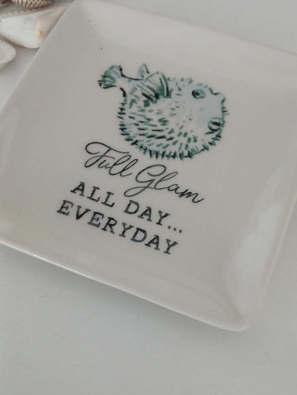 Chad Bennett FULL GLAM Blue Pufferfish Ceramic Trinket Dish 5"